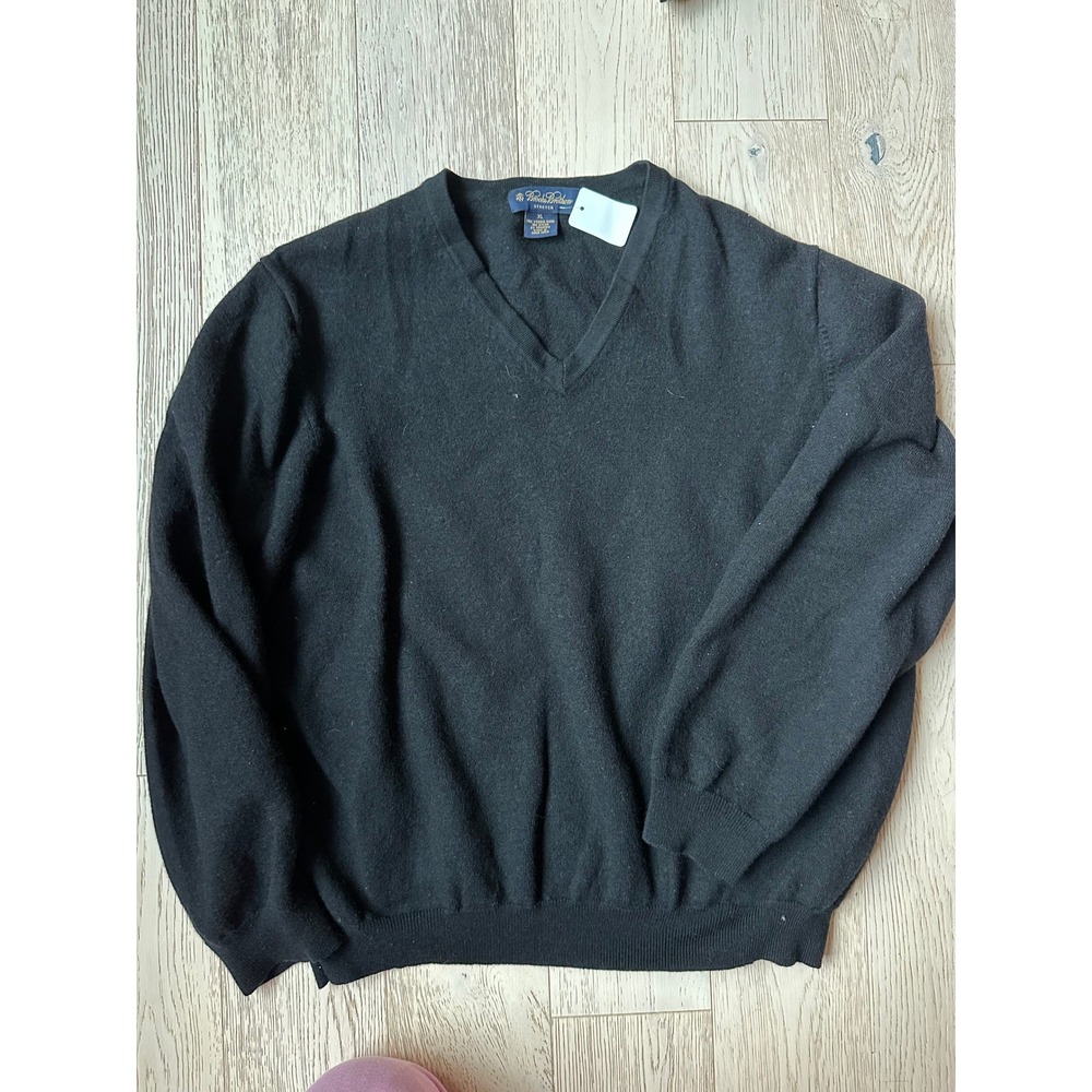 Brooks Brothers Mens XL Black V-Neck Merino Wool Stretch Knit Sweater Pullover